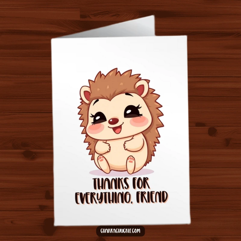 Funny Free Printable thank you card featuring a giggling hedgehog joyfully holding its feet in a baby pose, radiating happiness.