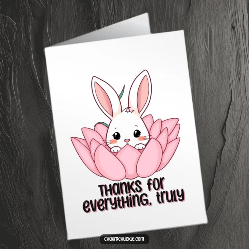 Funny Free Printable Thank You Card: A curious rabbit peeking from a lotus, offering thanks with a sweet expression.