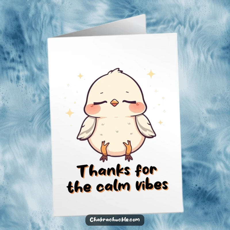 Funny Free Printable thank you card showcasing a meditating sparrow surrounded by sparkles, a peaceful and humorous way to say thanks.