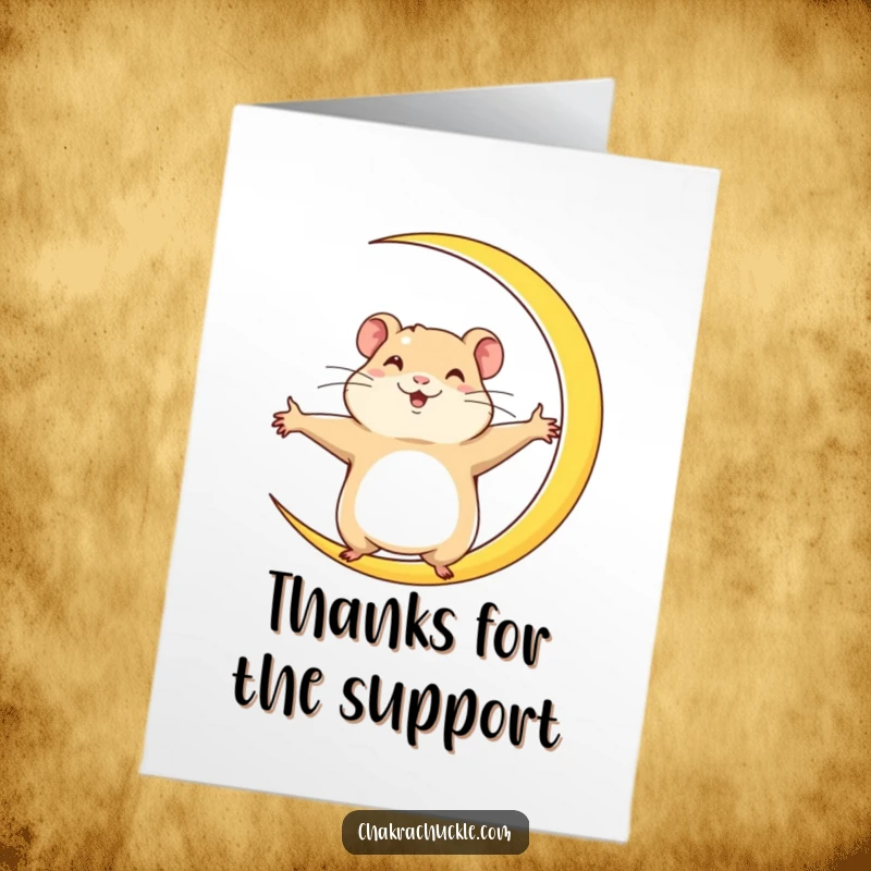 Funny Free Printable Thank You Card: A determined hamster strikes a crescent moon yoga pose, arms wide, expressing thanks.