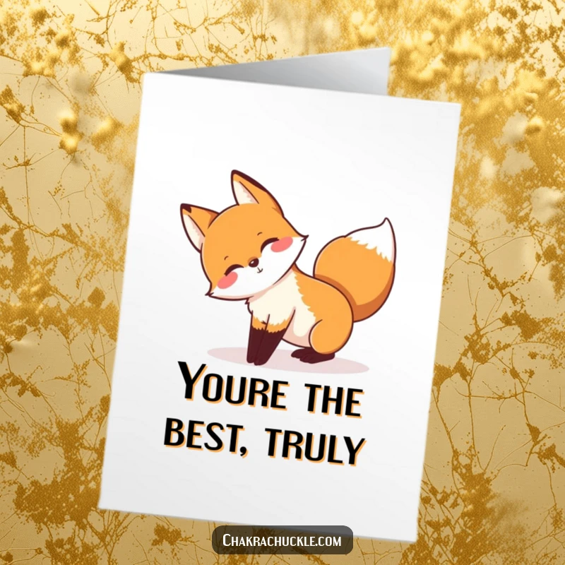 Free printable thank you card of a playful fox stretching in downward-facing dog, tail wagged, offering thanks.