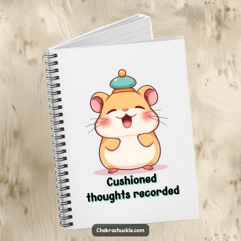 Funny notebook cover featuring a giggling hamster balancing a tiny meditation cushion on its head, for humorous note-taking.