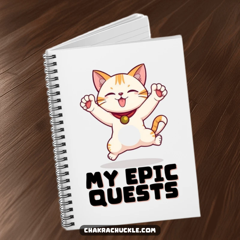 Funny Cat Yoga Notebook featuring a jumping cat in a warrior pose, perfect for writing, drawing, and capturing ideas humorously.