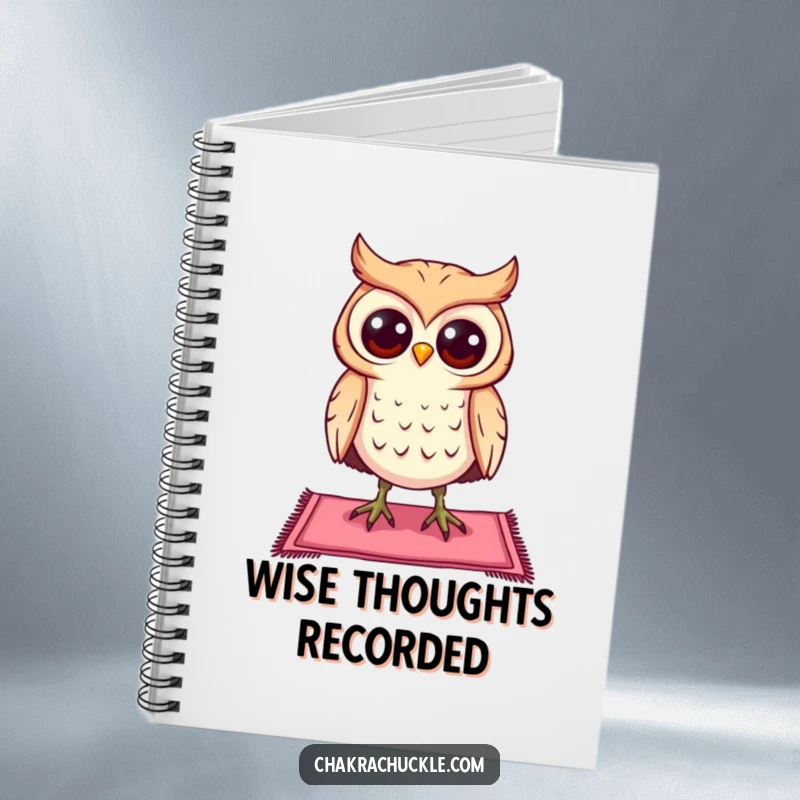 Funny curious owl notebook character balancing on a tiny yoga mat, eyes wide open, a journal for calm minds.