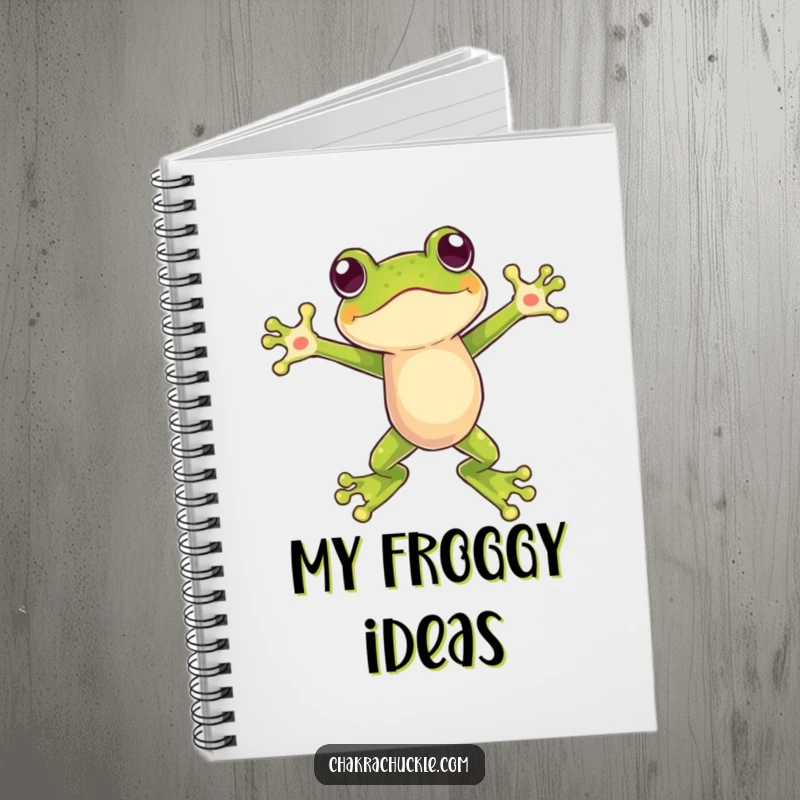 Funny notebook featuring a frog in a balanced leap, arms open, ideal for jotting down notes with energy and humor.