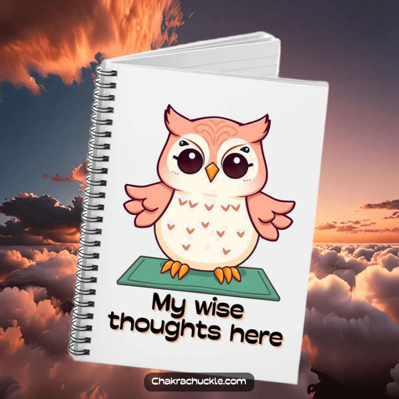 Funny notebook with a giggling owl meditating above a yoga mat, inspiring creative thoughts and humorous writing.