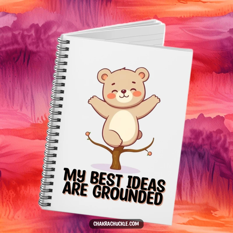 Funny kawaii bear yoga notebook shows a giggling bear in a perfect tree pose, ready to capture your thoughts.