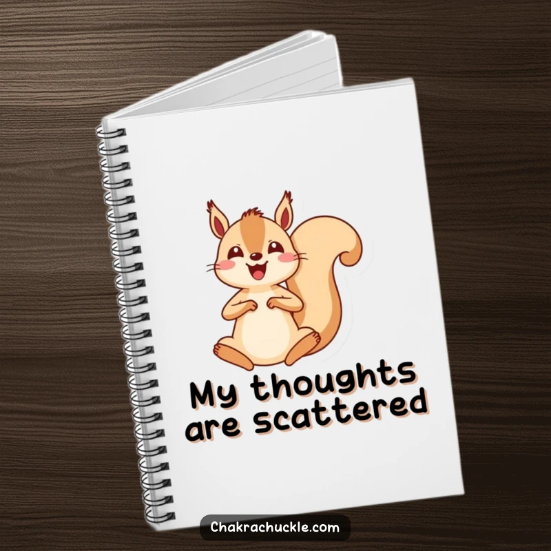 Funny kawaii squirrel meditation notebook shows an energetic squirrel jumping into a seated pose, ready for your notes.