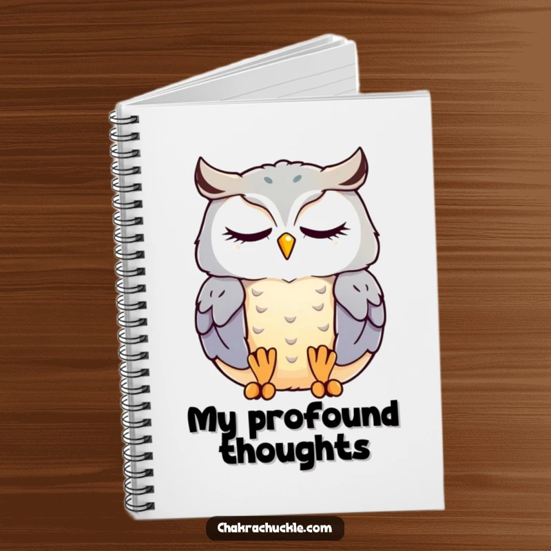 Funny kawaii owl notebook featuring a cute, contented owl meditating serenely, perfect for jotting down peaceful thoughts.