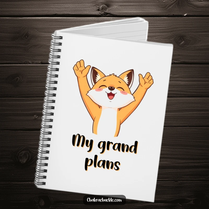 Funny Morning Fox Notebook featuring a cheerful fox stretching its arms, ideal for writing, drawing, and brainstorming with humor.