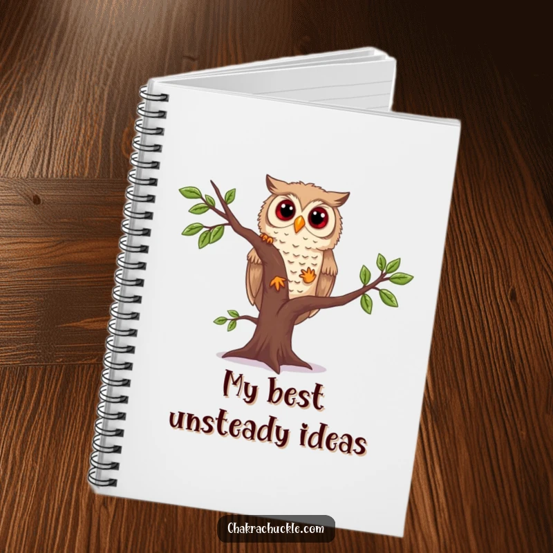 Funny owl yoga notebook with a curious owl wobbling in tree pose, ideal for jotting down thoughts, plans, or doodles.