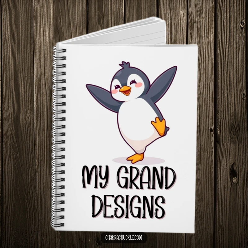 Funny kawaii penguin notebook featuring a cute, bouncing penguin energetically striking a yoga balance pose, great for note-taking.