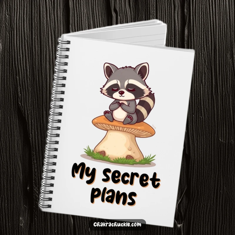 Funny Raccoon Notebook: A mischievous raccoon meditates serenely on a giant mushroom, eyes twinkling with playful wisdom and a hint of mischief.