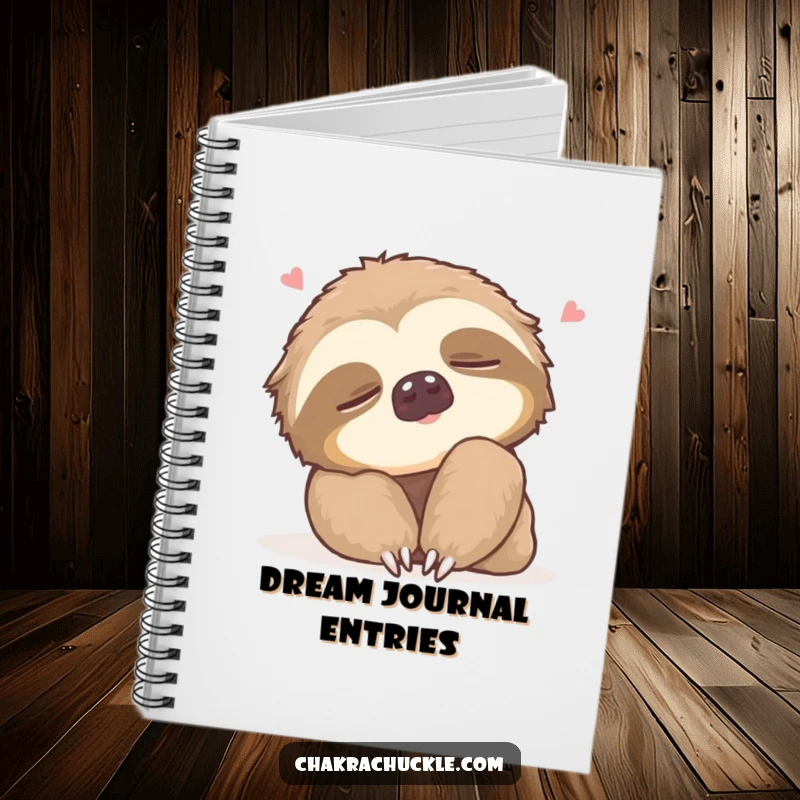 Funny Notebook with a sleepy sloth doing a gentle neck roll, eyes closed, ideal for humorous journaling and slow thoughts.