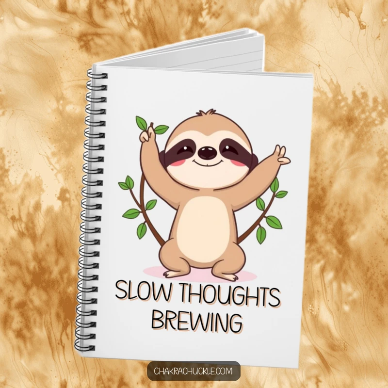 Funny sloth notebook, character in tree pose, determined focus, yoga humor, stationery gift.