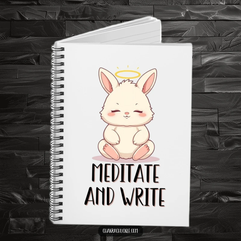 Funny notebook cover with a fluffy bunny meditating in a lotus pose, eyes closed, and a small halo, promoting calm.