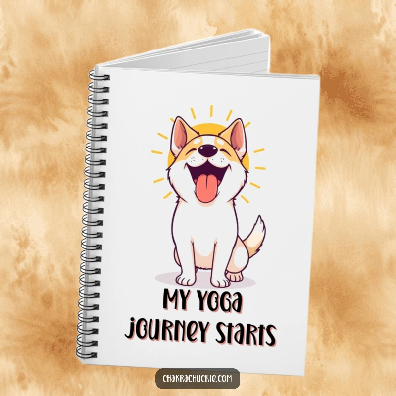 Funny yoga dog notebook featuring a happy, panting dog radiating joy after a sun salutation, ideal for writing or sketching.
