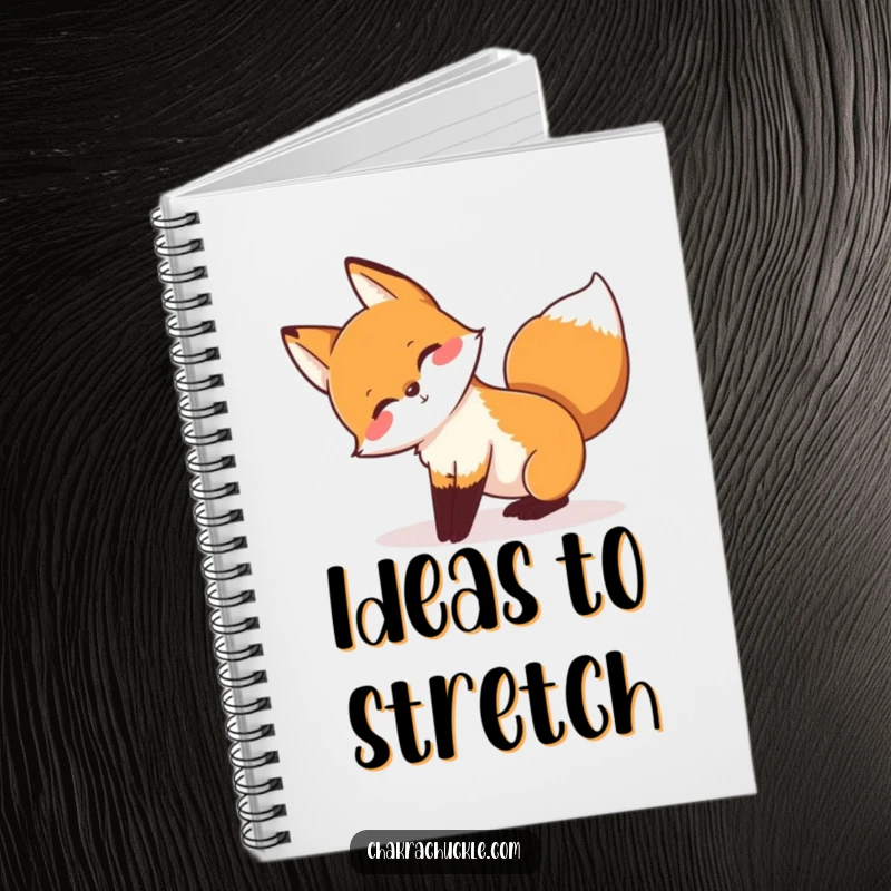 Funny notebook cover with a playful fox stretching in a downward-facing dog pose, tail wagging, promoting active thinking.