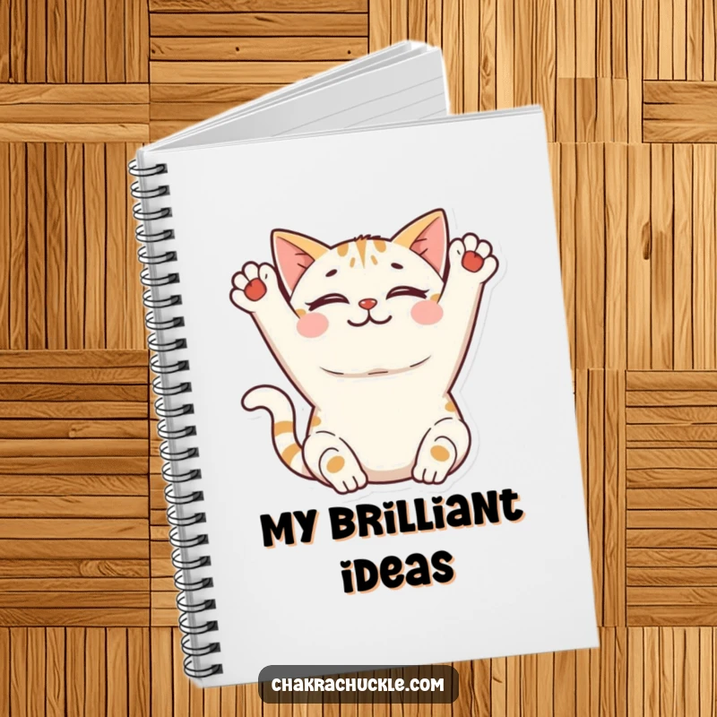Funny Cat Yoga Notebook: A smiling cat stretches its front paws upwards peacefully, ready to record your thoughts and inspirations.