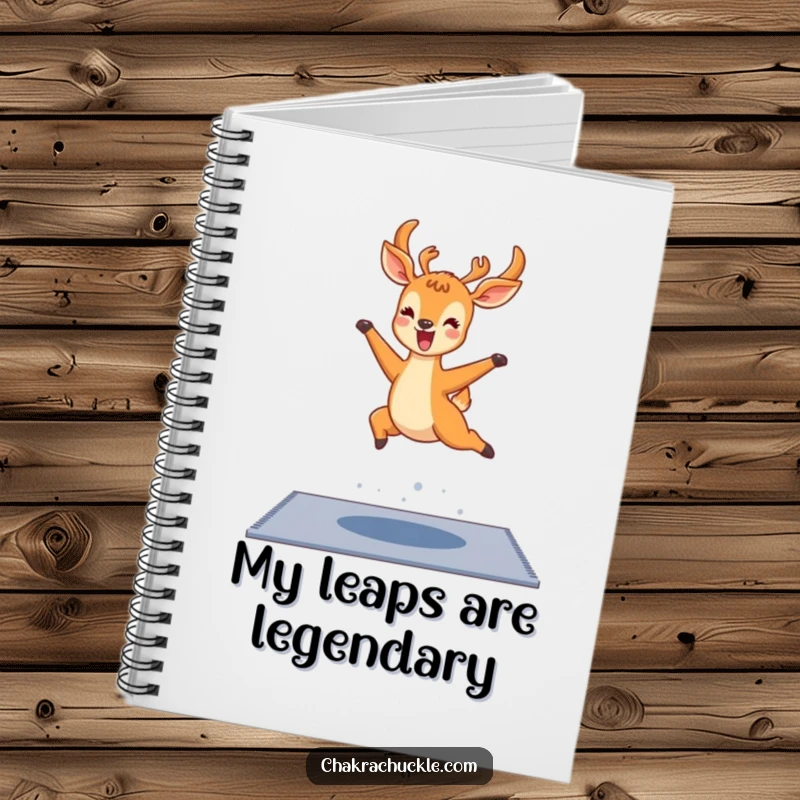 Funny kawaii deer yoga notebook shows a delighted deer leaping over a yoga mat, ready for your notes.