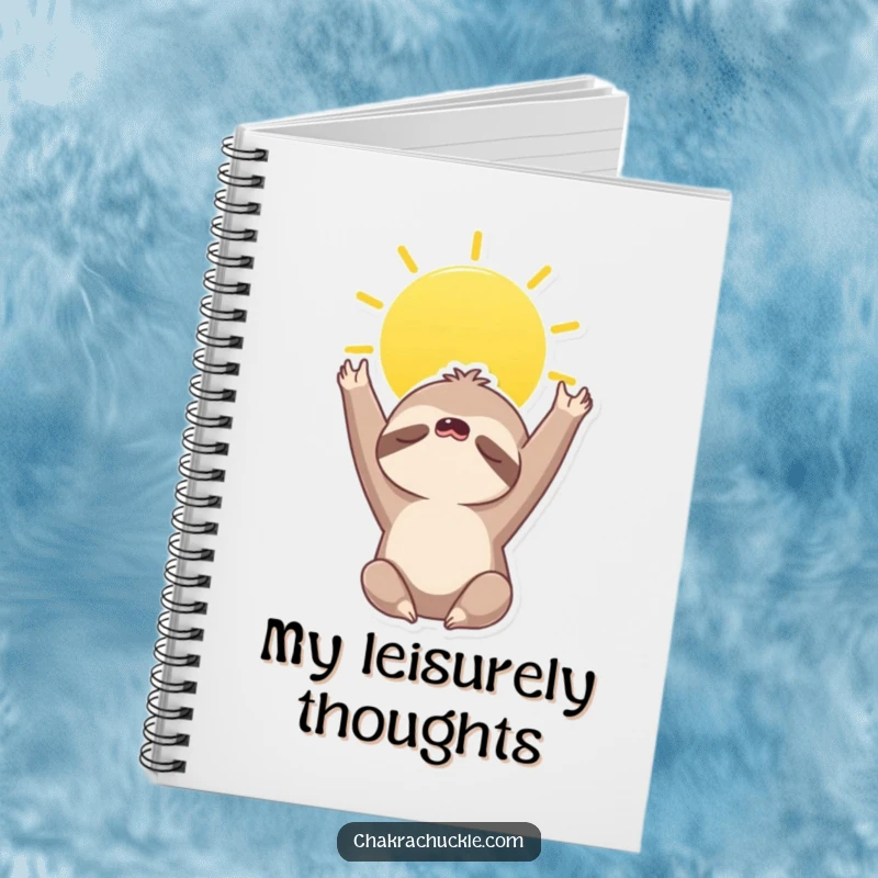 Funny notebook cover featuring a sleepy sloth character in a sun salutation, reaching skyward, symbolizing peaceful reflection.