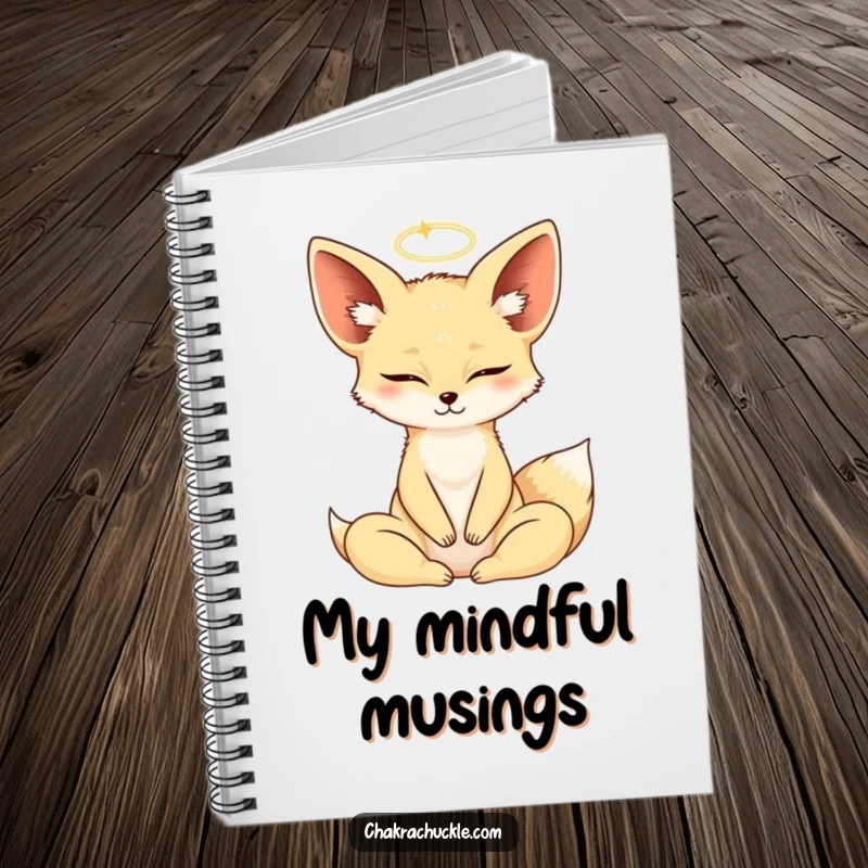 Funny Fennec Fox in a yoga lotus pose, eyes closed, halo, on the cover of a notebook.
