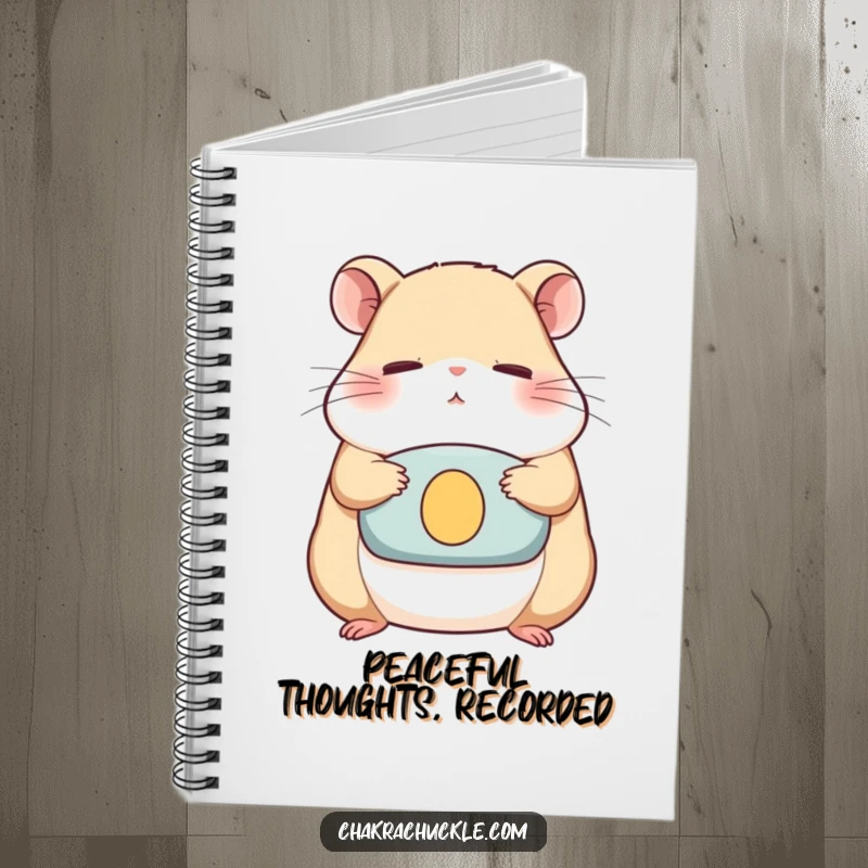 Funny Notebook with a determined hamster meditating serenely on a cushion, eyes closed, perfect for humorous journaling.