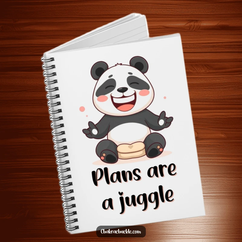 Funny Panda juggling meditation cushions with a wide, silly grin on the cover of a notebook.