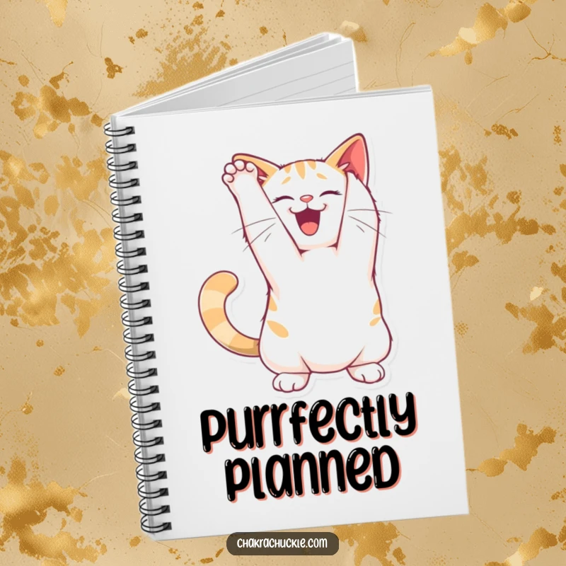 Funny joyful cat notebook character stretching its back in a playful arch pose, a journal for creative minds.
