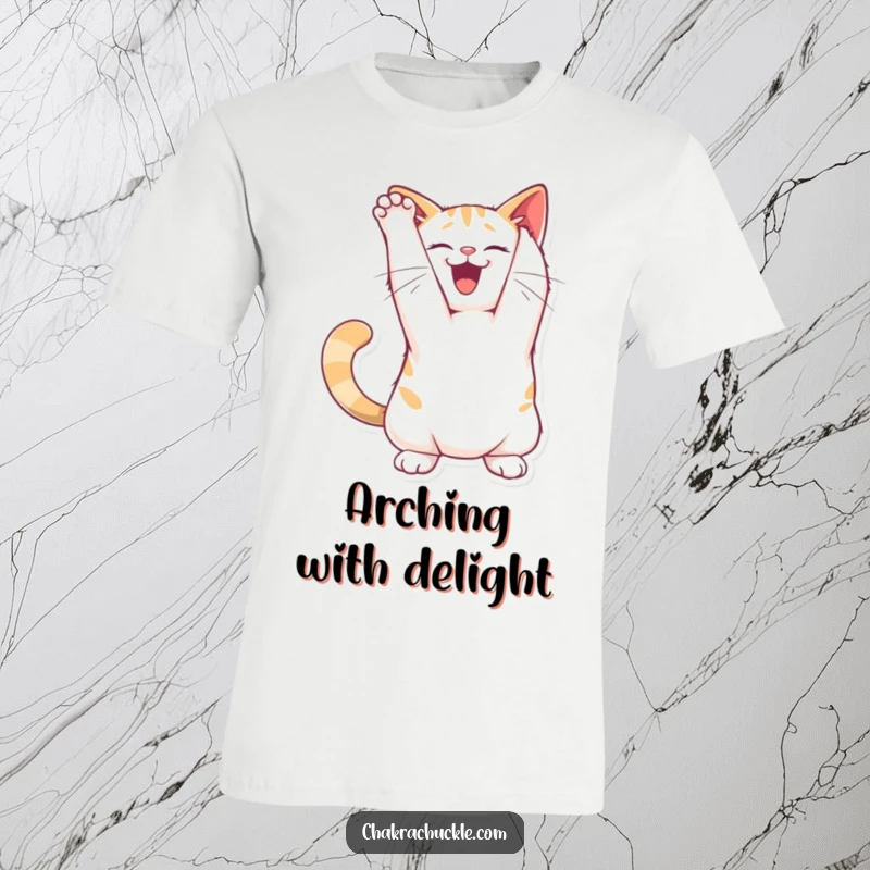 Funny joyful cat t-shirt character stretching its back in a playful arch pose, showcasing feline grace and humor.