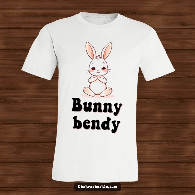 Funny yoga bunny t-shirt with a cute bunny in a seated pose, one leg extended, embodying flexibility and calm amusement.