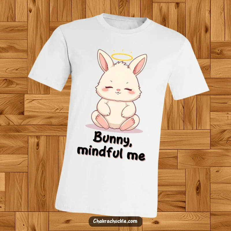 Funny t-shirt with a fluffy bunny meditating in a lotus position, eyes shut, sporting a small, gentle halo.