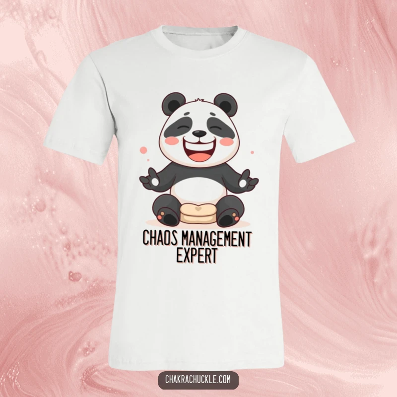 Funny Panda juggling meditation cushions with a wide, silly grin on a comfortable t-shirt.