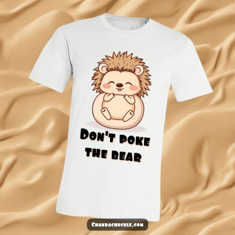 Funny t-shirt of a happy hedgehog meditating while perfectly rolled into a ball, radiating humorous serenity.