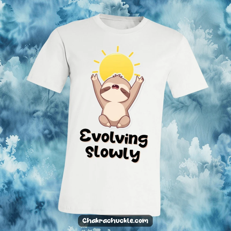 Funny T-Shirt showcasing a sleepy sloth doing a sun salutation, stretching its arms upwards towards the sky, embodying relaxation.