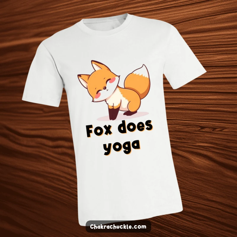 Funny t-shirt featuring a playful fox stretching into a downward-facing dog position with an enthusiastically wagging tail.