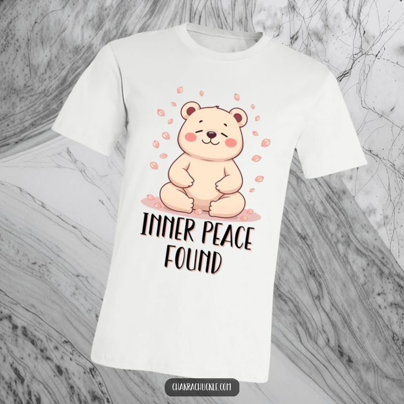 Funny bear t-shirt, character meditating, petals falling around head, peaceful yoga humor, unique gift.