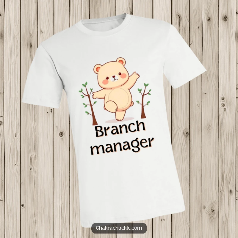 Funny t-shirt depicting a chubby bear humorously balancing on one leg with arms outstretched like branches, embodying playful struggle.