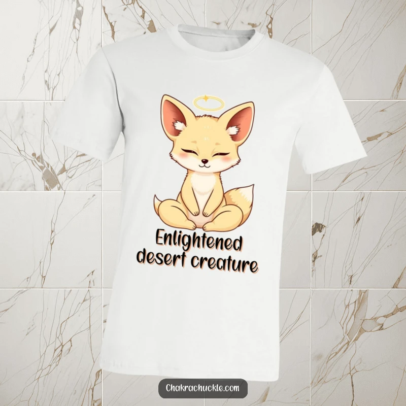 Funny Fennec Fox meditating in a yoga lotus pose, eyes closed, tiny halo, on a comfortable t-shirt.