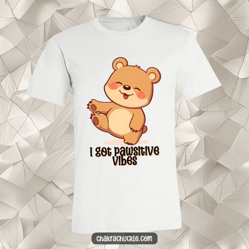 Funny t-shirt featuring a laughing bear in a comical pose, balancing with one paw up in a playful twist.