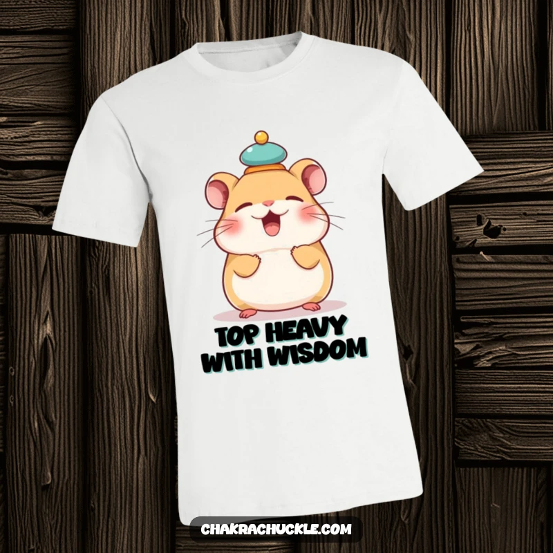 Funny t-shirt of a giggling hamster successfully balancing a tiny meditation cushion on its head, radiating joyful humor.
