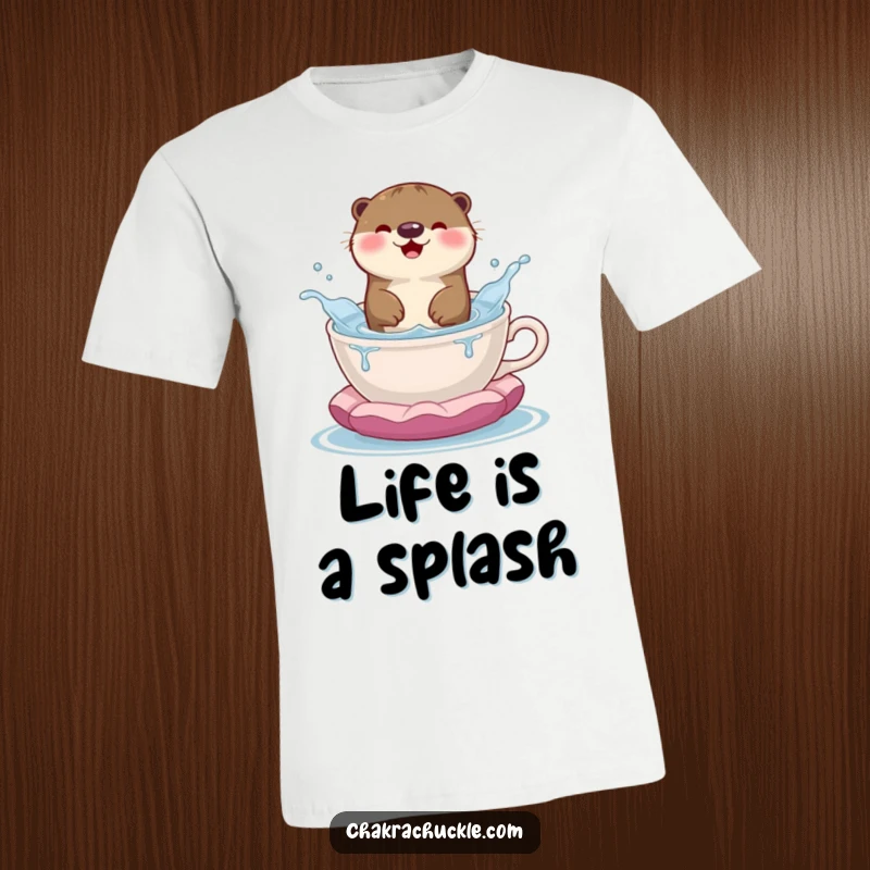 Funny t-shirt with a happy otter joyfully splashing in a teacup that resembles a meditation cushion, showcasing pure delight.
