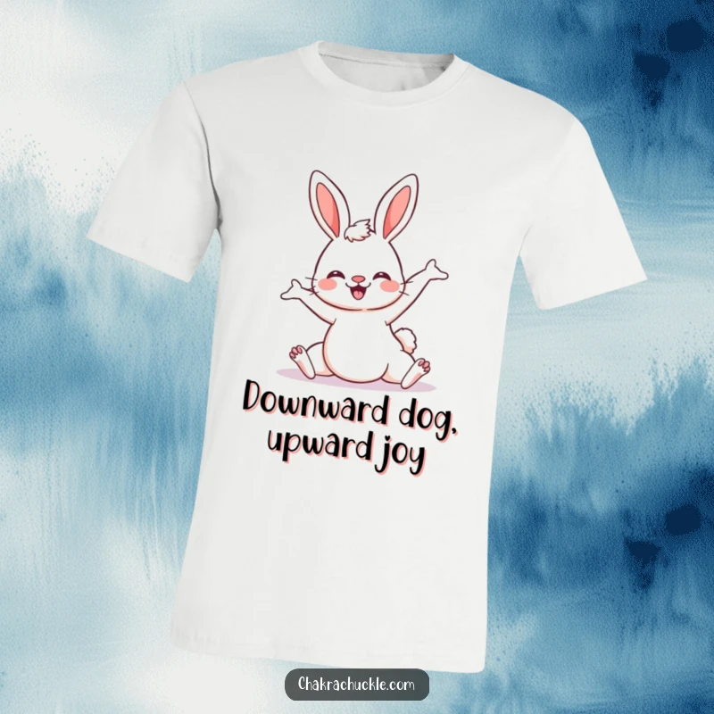 Funny Kawaii Bunny Yoga T-Shirt with a smiling bunny happily stretching in a downward-facing dog pose, a great gift for yogis.