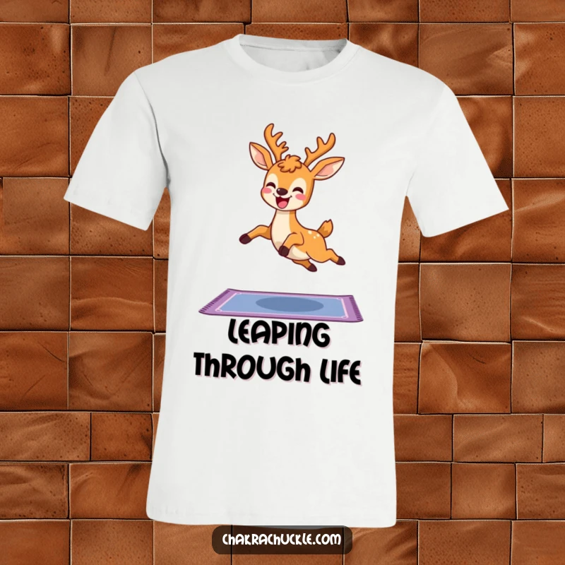 Funny Kawaii Deer Yoga T-Shirt with a delighted deer leaping joyfully over a yoga mat, a great gift for fun-loving people.