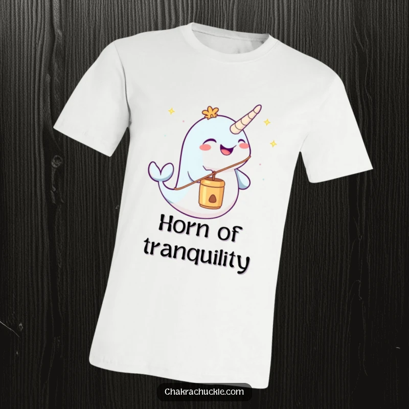 Funny cheerful narwhal t-shirt joyfully blowing a meditation chime, spreading peace and humor in its wake.