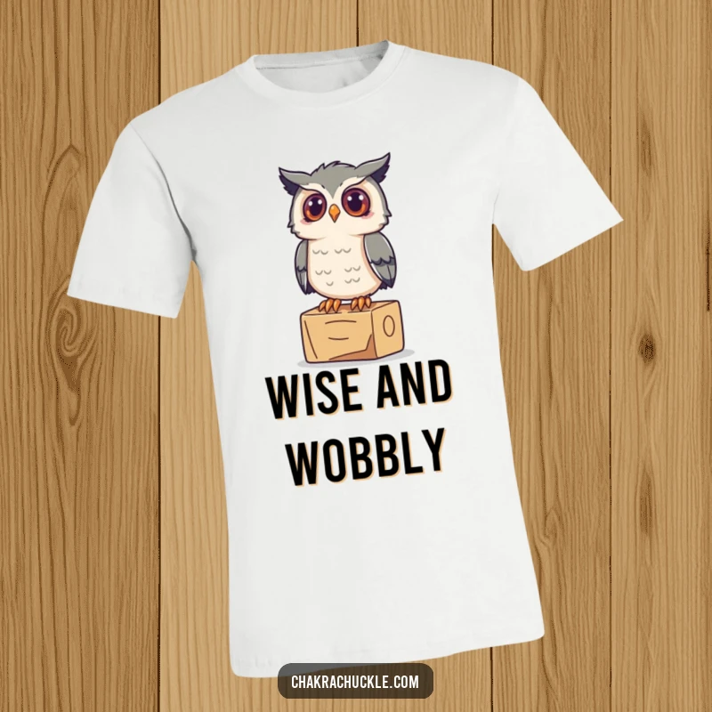 Funny Owl Yoga T-Shirt: A curious owl sits on a yoga block, looking upwards with an inquisitive and wise expression.