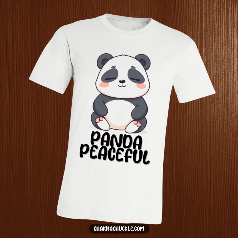 Funny panda meditation t-shirt featuring a chubby panda with eyes closed and a gentle smile, embodying tranquility and cute humor.
