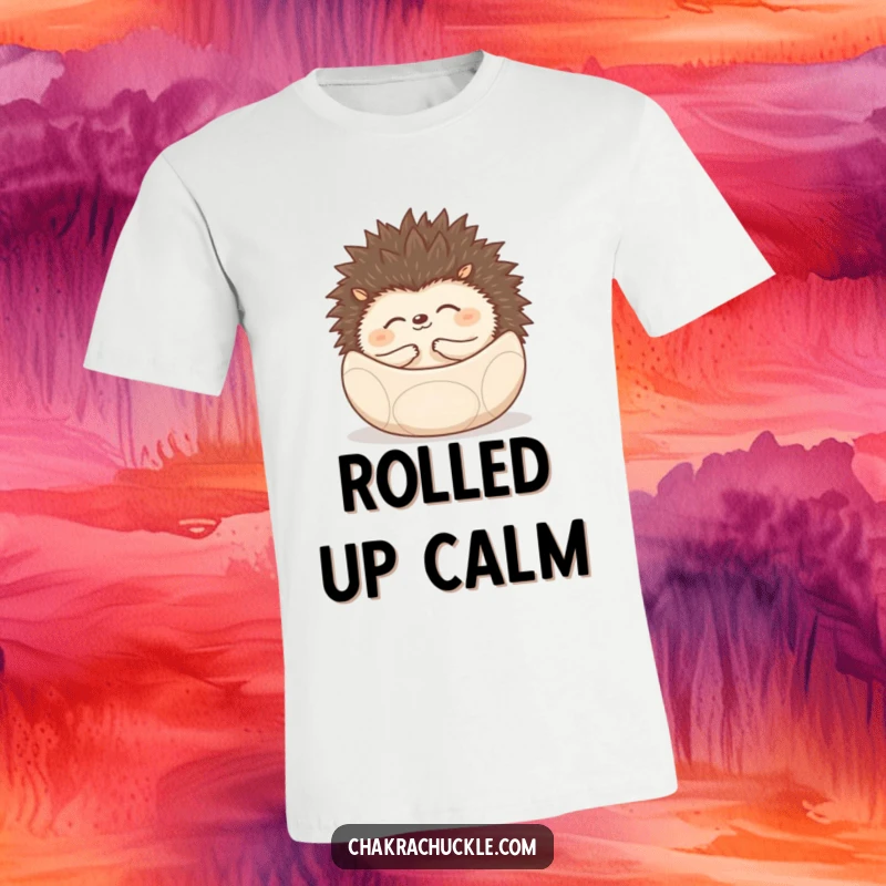 Funny Peaceful Hedgehog T-Shirt depicting a hedgehog rolled into a zen meditation ball with a smile.