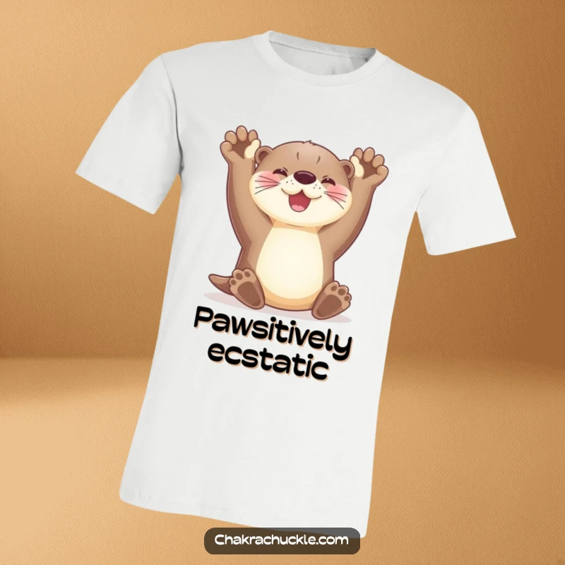 Funny playful otter t-shirt stretching its paws upwards with a radiant smile, exuding happiness and humor.