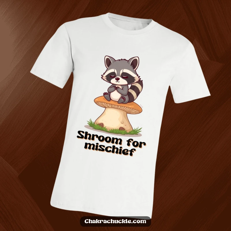 Funny Raccoon T-Shirt: A mischievous raccoon meditates serenely on a giant mushroom, eyes twinkling with playful wisdom and a hint of mischief.